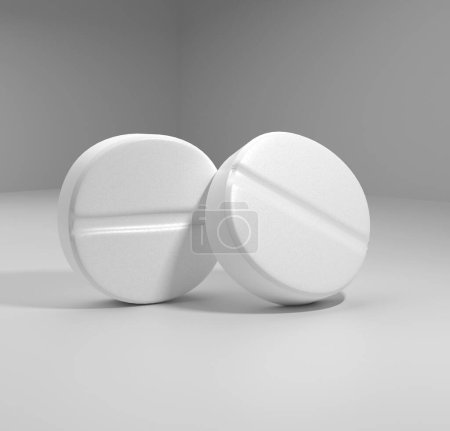 3D illustration of 2 white round pills, isolated on white background, copy-space, close-up-stock-photo
