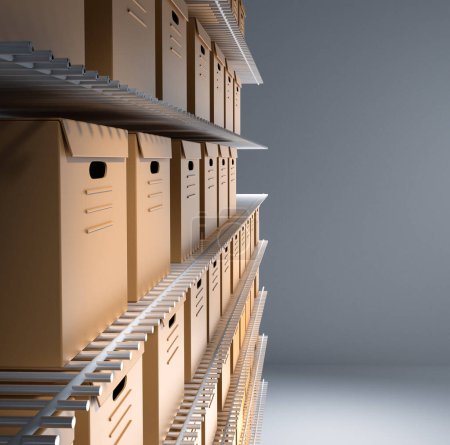 Foto de 3D illustration of Cardboard boxes in warehouse on racks on gray background, situated left side, right side copy-space - Imagen libre de derechos