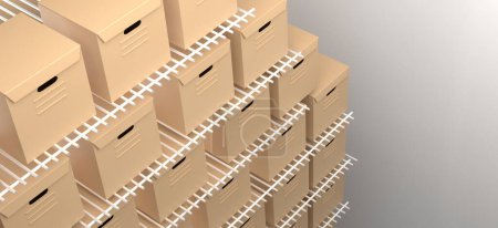 Foto de 3D illustration of Cardboard boxes in warehouse on racks on gray background, top side view, copy-space - Imagen libre de derechos