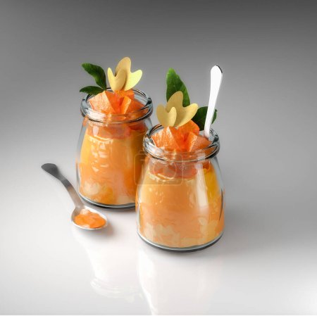 Foto de 3D illustration of dessert mousse with peach pieces, decorated with gold paper hearts, leaves, isolated on gray background, close-up, copy-space - Imagen libre de derechos