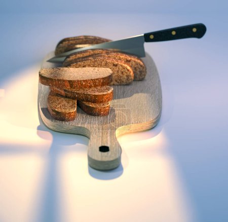 Foto de 3D illustration of slices of wheat bread by knife on a cutting board, isolated on white background, copy-space - Imagen libre de derechos
