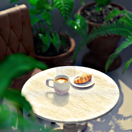 Téléchargez les photos : 3D illustration of breakfast with cup of cappuccino and croissant, restaurant with decorative plants, top view - en image libre de droit