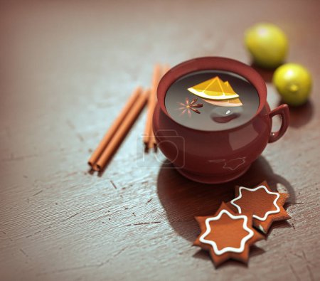Téléchargez les photos : Illustration 3D d'une tasse de thé avec une étoile d'anis et des tranches de citron, cannelle, biscuit au gingembre, sur une table en bois, espace de copie - en image libre de droit
