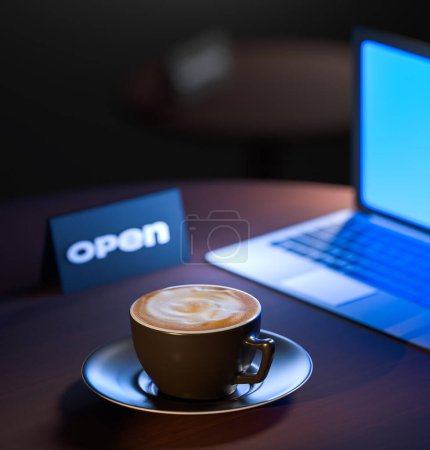 Téléchargez les photos : Illustration 3D de table dans un café, avec tablette ouverte, tasse de cappuccino, table, ordinateur portable, gros plan, espace de copie - en image libre de droit