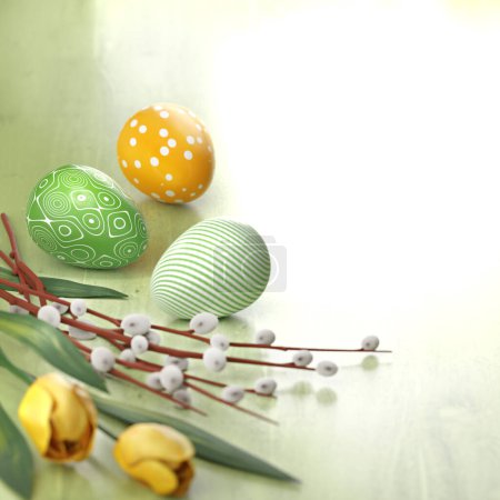 Foto de 3d ilustración de 3 huevos verdes y amarillos de Pascua con adorno en la mesa, fondo claro del día, ramas de sauce, tulipanes amarillos, espacio de copia - Imagen libre de derechos