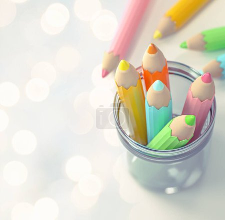 Photo for 3d illustration of different color pencils are in glass jar, view from up to down, copy-space left side, depth of fields - Royalty Free Image