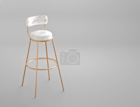 Téléchargez les photos : Illustration 3D d'une chaise de bar isolée sur un sol et un mur gris clair, côté gauche, espace de copie, image verticale - en image libre de droit