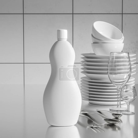 Téléchargez les photos : Illustration 3D de bouteille blanche en plastique avec détergent vaisselle dans la cuisine sur table, fond de mur avec tuiles, maquette d'ustensiles. Gros plan, espace de copie. - en image libre de droit