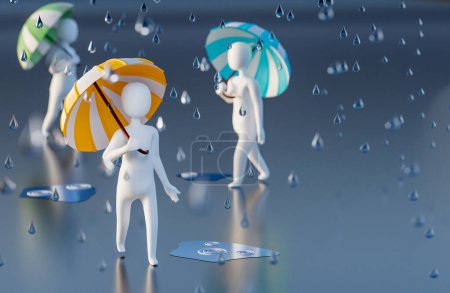 Photo for 3D illustration of men characters walking under the rain with umbrellas among the puddles. Copy-space - Royalty Free Image