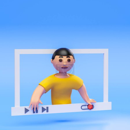 Téléchargez les photos : Illustration 3D du personnage de l'homme dans un écran de lecteur multimédia, qui appuie sur les boutons du lecteur, isolé sur fond bleu, espace de copie - en image libre de droit