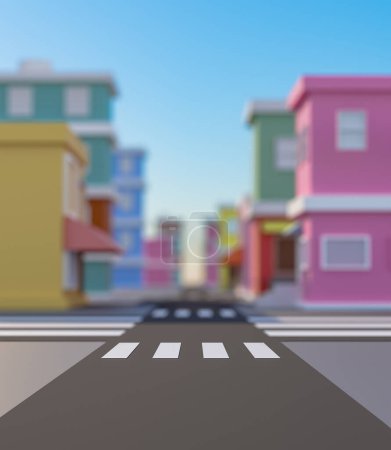 Photo for 3D illustration of an urban area with different houses, road, crosswalks, copy space, - Royalty Free Image