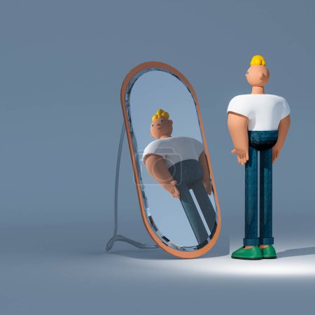 Téléchargez les photos : Illustration 3D d'un homme vêtu de jeans et t-shirt regarde son reflet dans le miroir. Isolé sur fond bleu clair, espace de copie - en image libre de droit