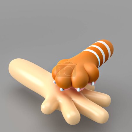 Foto de 3d ilustración de la mano humana y pata de animal uno encima del otro, espacio de copia, aislado sobre fondo gris, vista frontal - Imagen libre de derechos