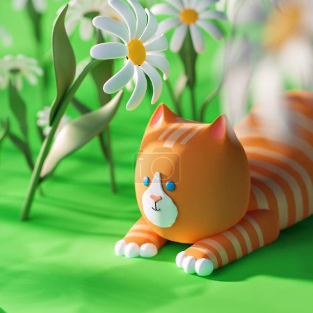 Photo for 3D illustration of cartoon red cat laying on the chamomile field, copy-space, perspective view - Royalty Free Image