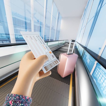 Téléchargez les photos : Illustration 3D de la carte d'embarquement en main levée, escalator avec valise à l'aéroport en arrière-plan, copy-spac - en image libre de droit