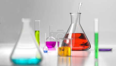 Foto de Ilustración 3D de diferentes frascos de laboratorio, recipientes de vidrio sobre fondo blanco, espacio de copia, vista horizontal - Imagen libre de derechos