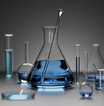 Photo for 3D illustration of different laboratory flasks and measurements with blue liquid, glass containers on mirror table, copy-space, horizontal view, backlit light - Royalty Free Image