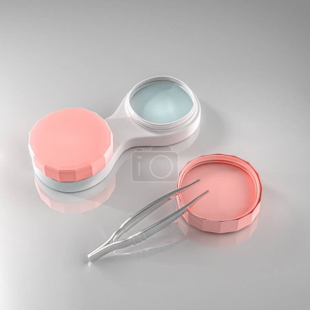 Foto de Ilustración 3D de contenedor para lentes oftalmológicas, pinzas metálicas en una cubierta de color rosa, mesa de vidrio, espacio de copia, formato cuadrado - Imagen libre de derechos
