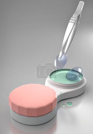 Photo for 3D illustration of container with ophthalmology lenses, metal tweezers catches one lens above, glass table, copy-space, vertical format - Royalty Free Image