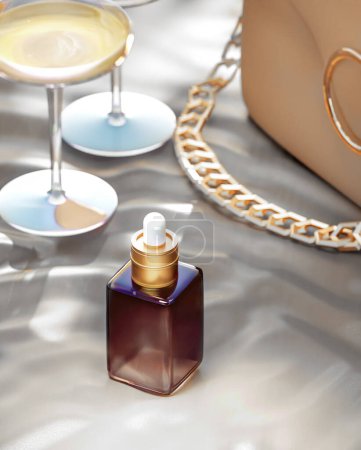 Foto de Ilustración 3D de la maqueta cosmética de la botella de vidrio oscuro en el revestimiento de tela de seda, el bolso y las copas de champán en el fondo con la profundidad borrosa de los campos - Imagen libre de derechos