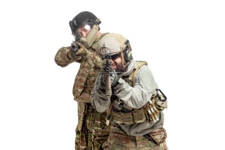 Photo for Military special forces storm and attack special operations, two american soldiers in military equipment with weapons on a white isolated background, airsoft concept - Royalty Free Image
