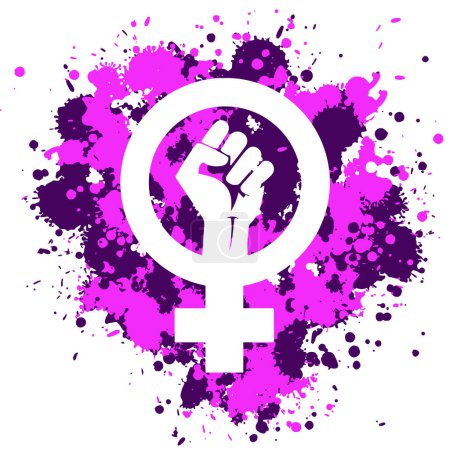 feminist icon with clenched fist. Pink and purple ink splashes. EPS Vector illustration