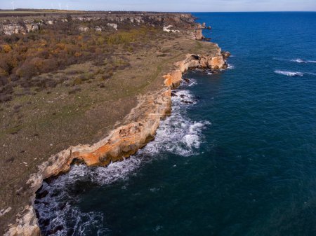 Photo for Aerial top view of sea waves and fantastic cliffs, rocky coast. Kamen Bryag Yaylata reserve, Bulgaria - Royalty Free Image