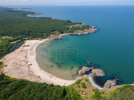 Photo for An aerial top view of the rocky coastline of the Black Sea in southern Bulgaria near Silistar Beach, showcasing its rugged beauty and coastal splendor. - Royalty Free Image