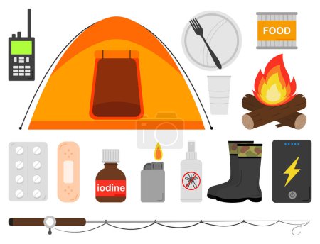Illustration for Diverse set of fisherman, vector illustration. Disposable tableware, tent, hiking, fire, bonfire, warm up, lighter, walkie-talkie, radio, canned food, plaster, first aid kit, rubber boots, mosquito spray, pills - Royalty Free Image