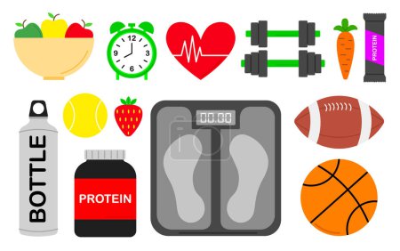 Illustration for Diverse healthy life set, vector illustration. Gym, dumbbells, ball, heart, pulse, basketball, scales, sports nutrition, alarm clock, apples, fruits - Royalty Free Image