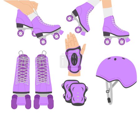 Illustration for The process of putting on roller skates, roller skating, knee pads, wrist protection, helmet, vector illustration - Royalty Free Image
