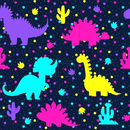 Dinosaurios coloridos sobre un fondo oscuro. Patrón sin costuras. Ilustración vectorial