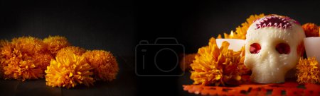 Foto de Cráneo de azúcar con flores de Cempasuchil o caléndula y Papel Picado. Decoración tradicionalmente utilizada en altares para la celebración del día de los muertos en México - Imagen libre de derechos