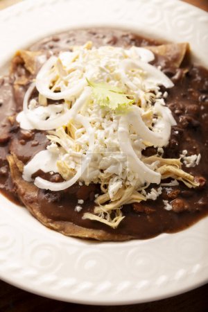 Photo for Enfrijoladas. Corn tortillas dipped in bean sauce, covered with cream and cheese, they can be covered or filled with chicken meat, cheese or some other ingredient. Traditional Mexican dish. - Royalty Free Image