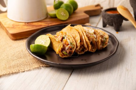 Suadero Tacos. Gebratenes Hackfleisch in einer Mini-Mais-Tortilla. Streetfood aus CDMX, Mexiko, traditionell begleitet von Koriander, Zwiebeln und würziger roter Sauce.