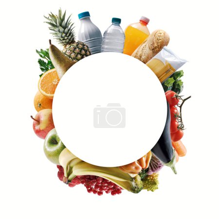 Photo for Fresh groceries arranged in a circle and copy space, grocery shopping and nutrition concept - Royalty Free Image