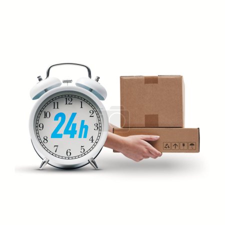 Photo for 24h express delivery service: delivery person holding parcels and alarm clock, isolated on white background - Royalty Free Image