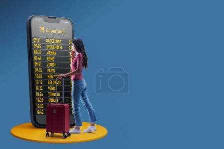 Téléchargez les photos : Jeune voyageur avec bagages vérifier les informations de voyage en ligne sur un grand smartphone, concept de tourisme - en image libre de droit