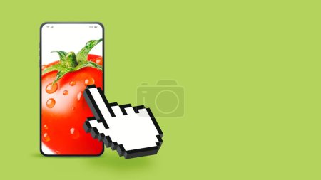 Téléchargez les photos : Curseur à la main en cliquant sur les légumes frais sur l'écran du smartphone, app épicerie en ligne - en image libre de droit
