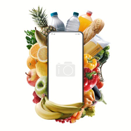 Foto de Smartphone con pantalla en blanco y comestibles frescos: aplicación de compras en línea, aislado sobre fondo blanco - Imagen libre de derechos