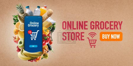 Foto de Aplicación de compras en línea en el teléfono inteligente y comestibles frescos en el fondo - Imagen libre de derechos
