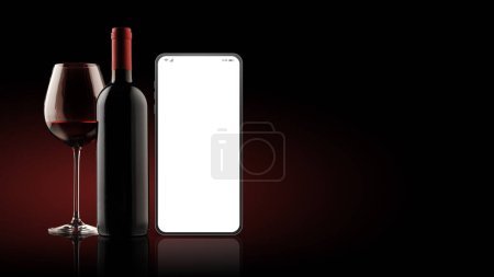 Téléchargez les photos : Smartphone avec écran vierge, bouteille et verre à vin, concept d'application du vin - en image libre de droit