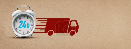 Photo for 24h express delivery service banner: alarm clock and truck icon, blank copy space - Royalty Free Image