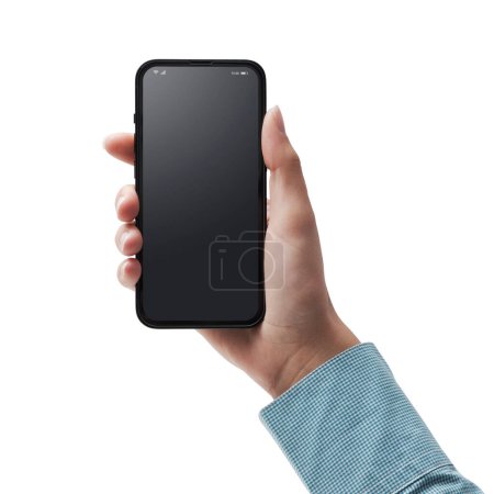 Téléchargez les photos : Main féminine tenant un smartphone avec écran blanc, sur fond blanc - en image libre de droit
