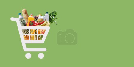 Téléchargez les photos : Icône panier plein d'épicerie fraîche, concept d'épicerie en ligne - en image libre de droit