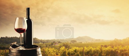 Red wine glass and bottle with vineyard in the background, wine tasting concept