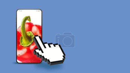 Téléchargez les photos : Curseur à la main en cliquant sur les légumes frais sur l'écran du smartphone, app épicerie en ligne - en image libre de droit