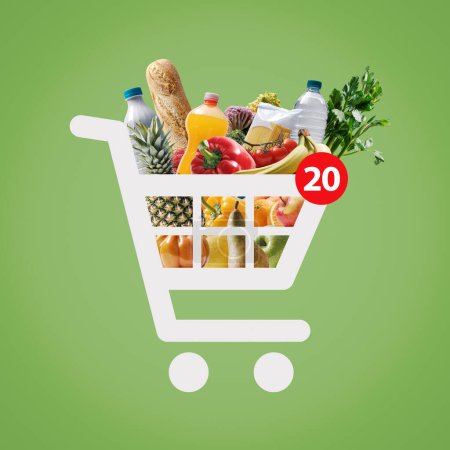 Foto de Icono de carrito de compras lleno de alimentos frescos, concepto de compras en línea - Imagen libre de derechos