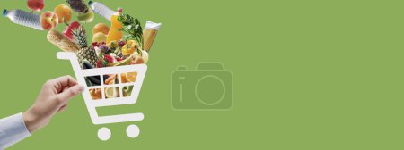 Foto de Mano sosteniendo un icono de carrito de la compra lleno de comestibles frescos: compras en línea y aplicación de entrega - Imagen libre de derechos