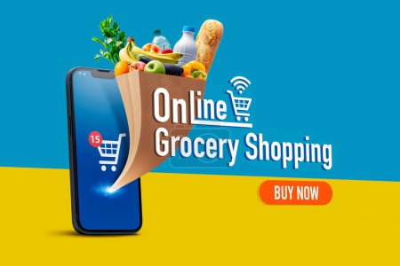 Foto de Aplicación de comestibles en línea en el teléfono inteligente y la bolsa de supermercado completa que sale de la pantalla del teléfono inteligente, concepto de compras de comestibles en línea - Imagen libre de derechos